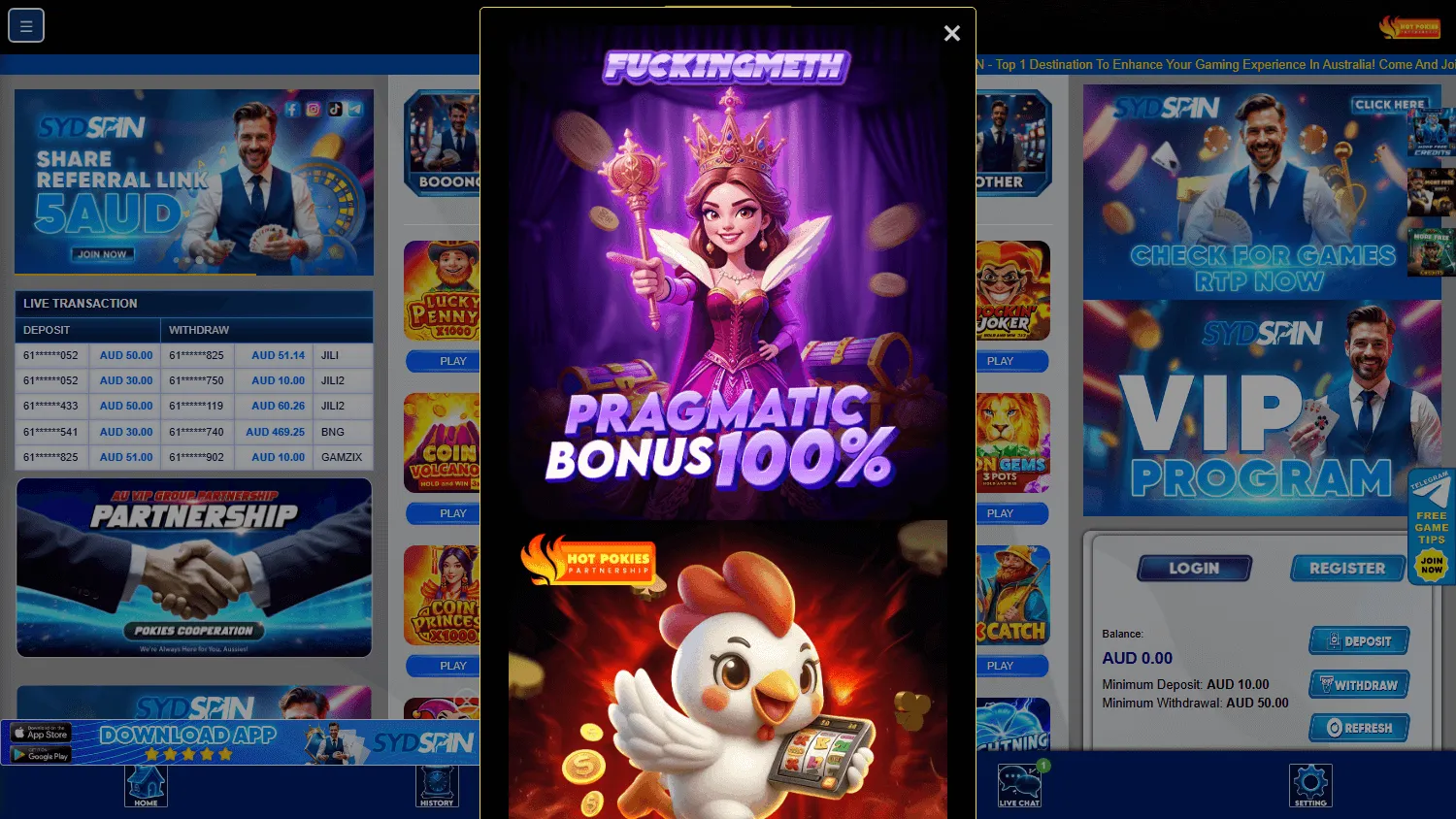 Sydspin Casino desktop game selection with slots and casino formats