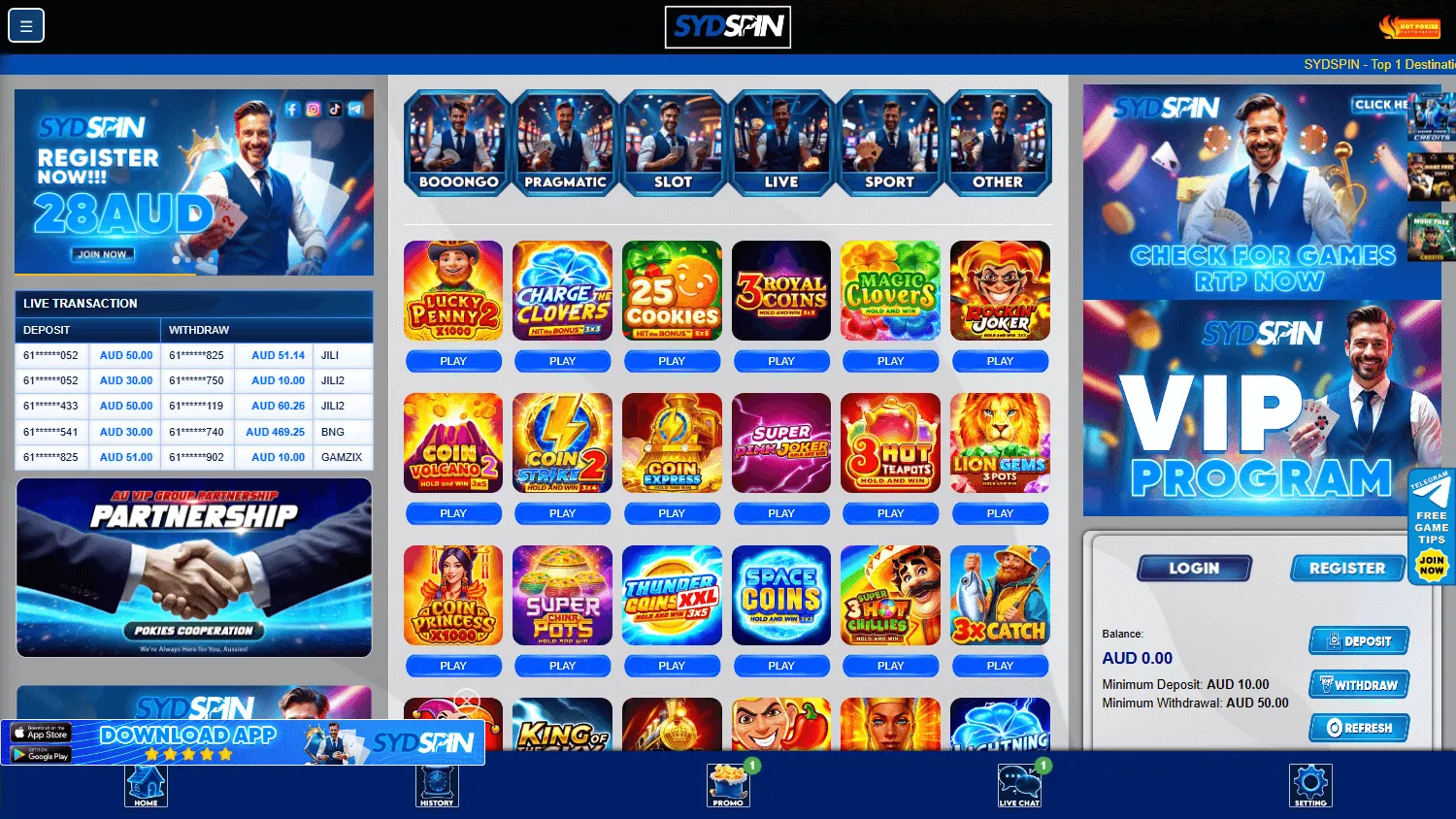 Sydspin Casino desktop home experience with AUD payments and casino access