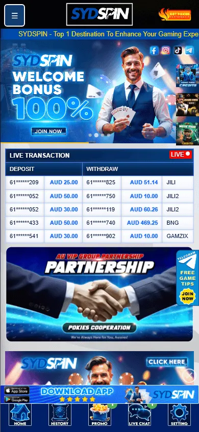 Sydspin Casino mobile game selection with casino and slot formats