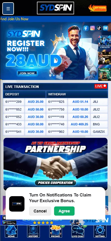 Sydspin Casino mobile home experience with account and casino access